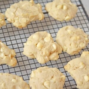 lemon white chocolate chip cookies on a wire rack