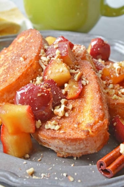 apple cinnamon french toast on a metal plate