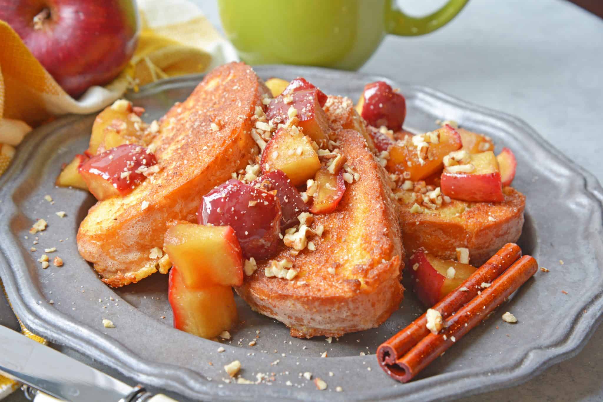 apple cinnamon french toast on a metal plate