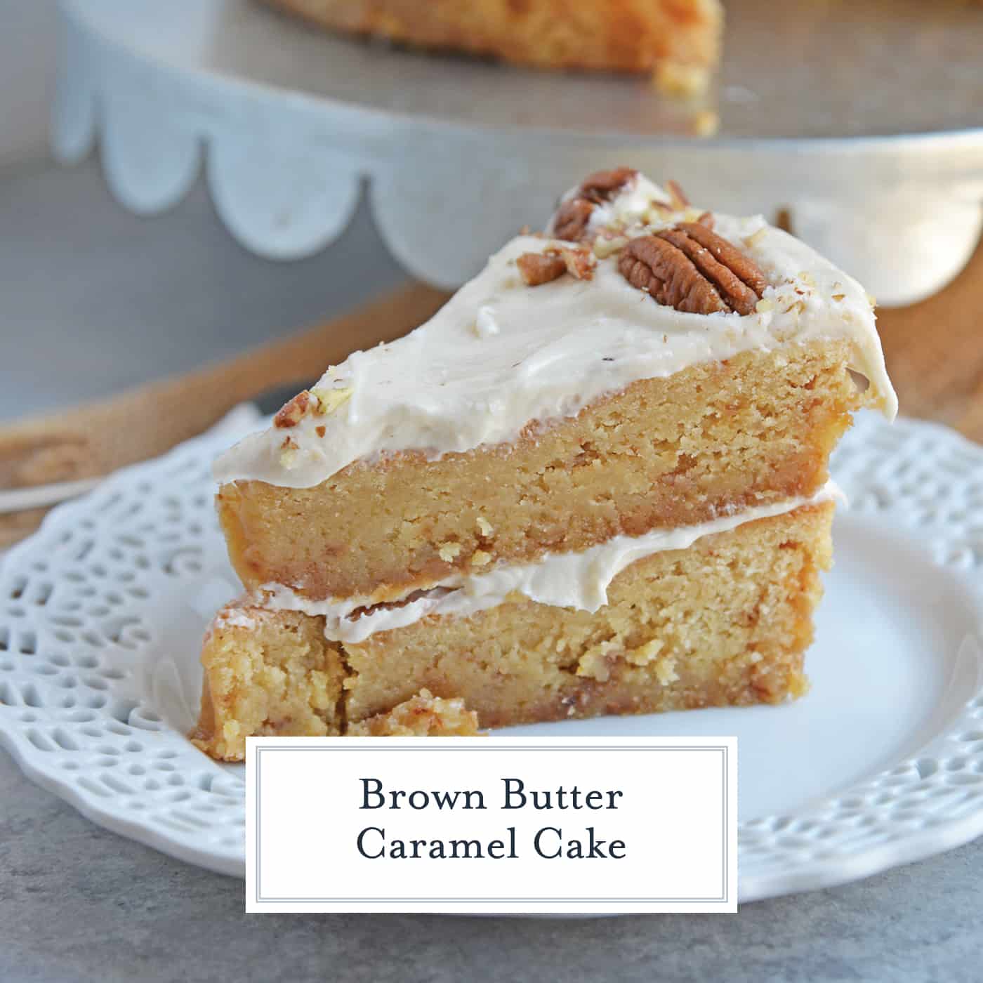  Brown Butter Caramel Cake is a two layer naked cake made with toffee bits and salted caramel frosting! The perfect summer cake or show stopping centerpiece. #caramelcake #brownbuttercake #nakedcakes www.savoryexperiments.com