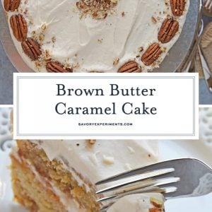 Brown Butter Caramel Cake is a two layer naked cake made with toffee bits and salted caramel frosting! The perfect summer cake or show stopping centerpiece. #caramelcake #brownbuttercake #nakedcakes www.savoryexperiments.com