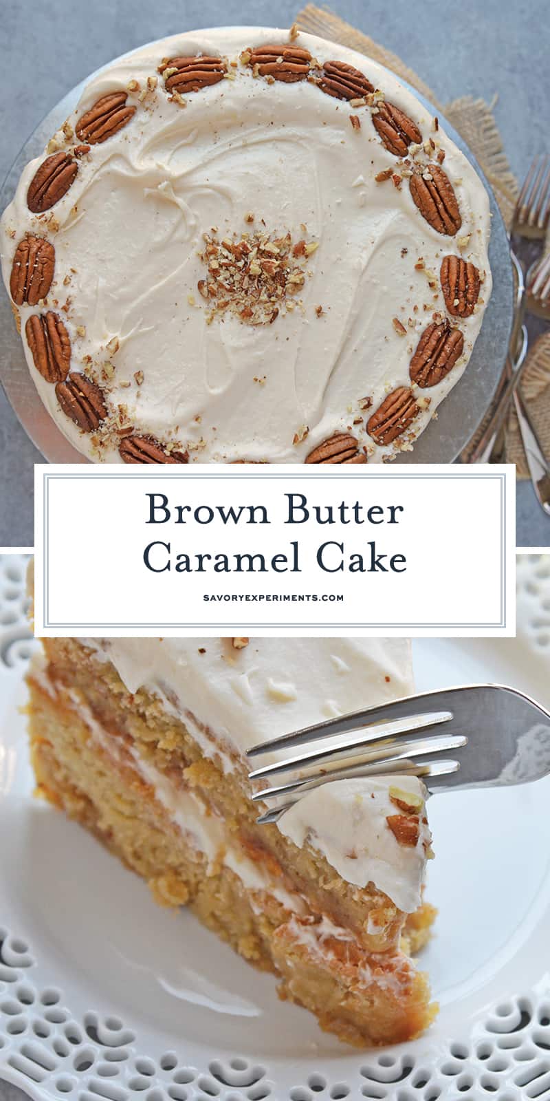 Brown Butter Caramel Cake is a two layer naked cake made with toffee bits and salted caramel frosting! The perfect summer cake or show stopping centerpiece. #caramelcake #brownbuttercake #nakedcakes www.savoryexperiments.com