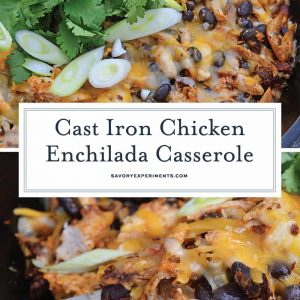 This Chicken Enchilada Casserole Recipe is a delicious casserole recipe loaded with a cornbread crust, chicken, beans, and cheese, all made in a cast iron skillet! #chickenenchiladacasserole #castironskilletrecipes www.savoryexperiments.com