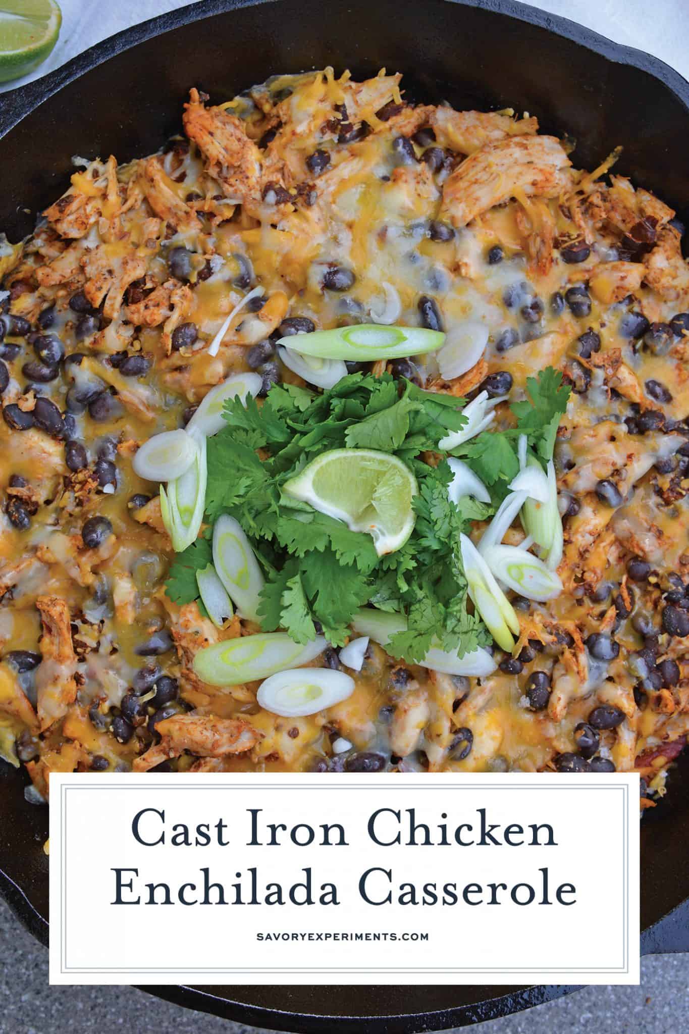This Chicken Enchilada Casserole Recipe is a delicious casserole recipe loaded with a cornbread crust, chicken, beans, and cheese, all made in a cast iron skillet! #chickenenchiladacasserole #castironskilletrecipes www.savoryexperiments.com