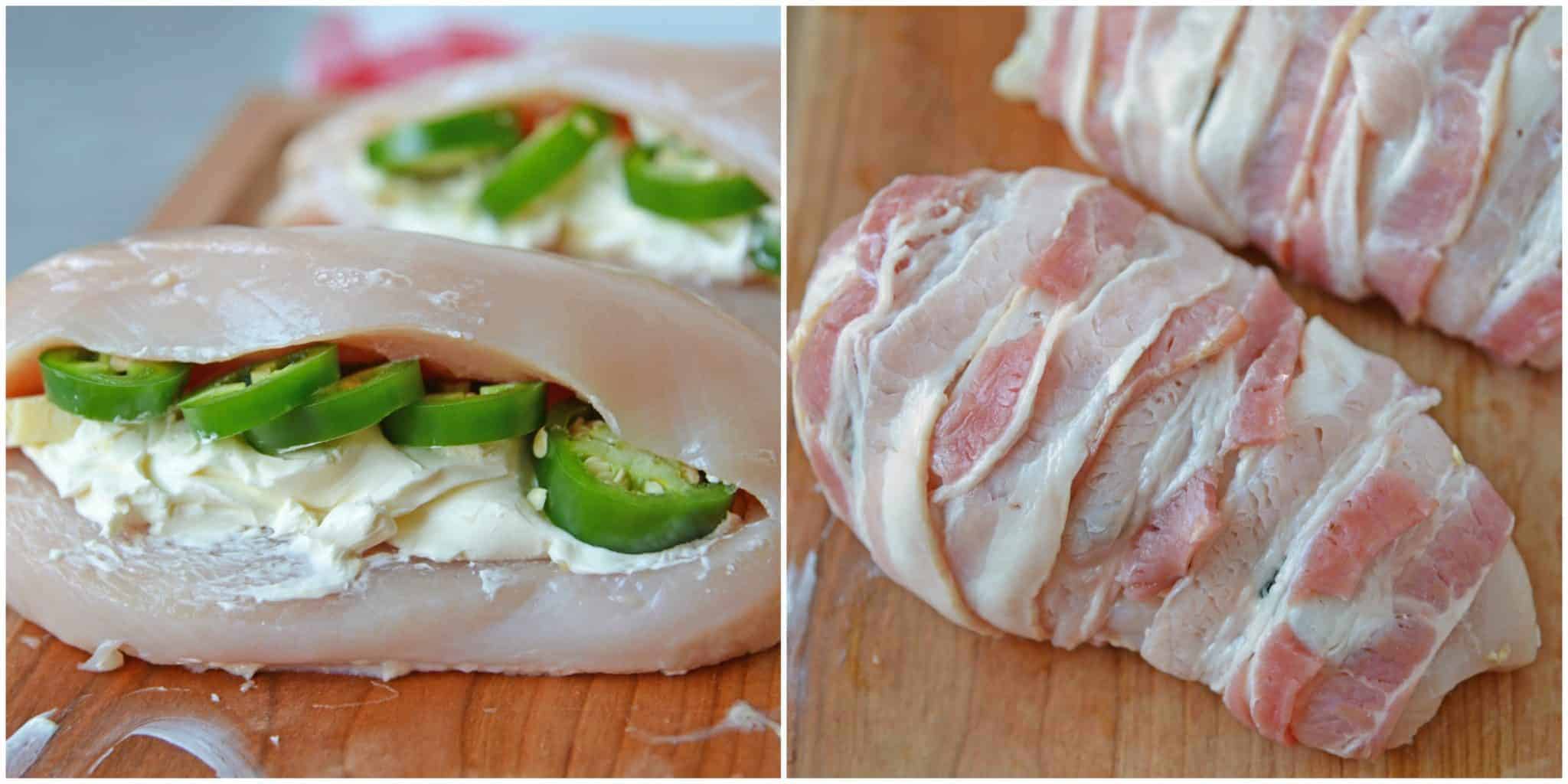 Jalapeno Bacon Wrapped Chicken is a cheese stuffed chicken breast recipe using three cheeses and fresh jalapenos. Avocado and lime cool off the hot flavors. #baconwrappedchicken #jalapenopopperchicken www.savoryexperiments.com