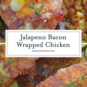 Jalapeno Bacon Wrapped Chicken is a cheese stuffed chicken breast recipe using three cheeses and fresh jalapenos. Avocado and lime cool off the hot flavors. #baconwrappedchicken #jalapenopopperchicken www.savoryexperiments.com