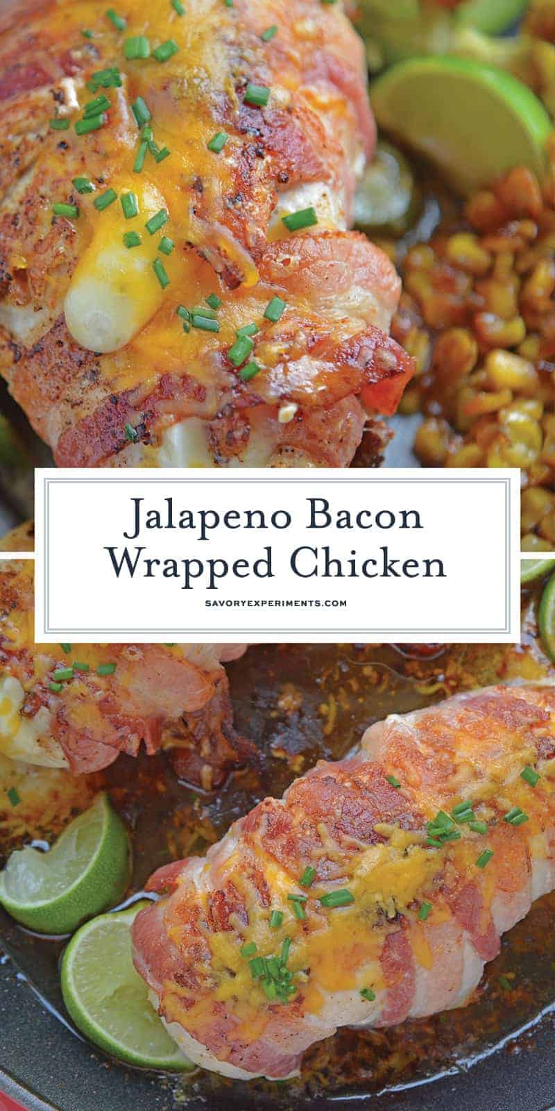 Jalapeno Bacon Wrapped Chicken is a cheese stuffed chicken breast recipe using three cheeses and fresh jalapenos. Avocado and lime cool off the hot flavors. #baconwrappedchicken #jalapenopopperchicken www.savoryexperiments.com