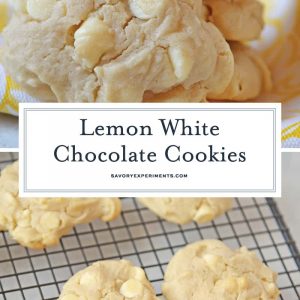 These Lemon White Chocolate Chip Cookies are a cross between a chocolate chip cookie & a lemon sugar cookie! A perfectly fluffy & mouth watering combination! #lemoncookierecipe #lemoncookies #whitechocolatechipcookies www.savoryexperiments.com