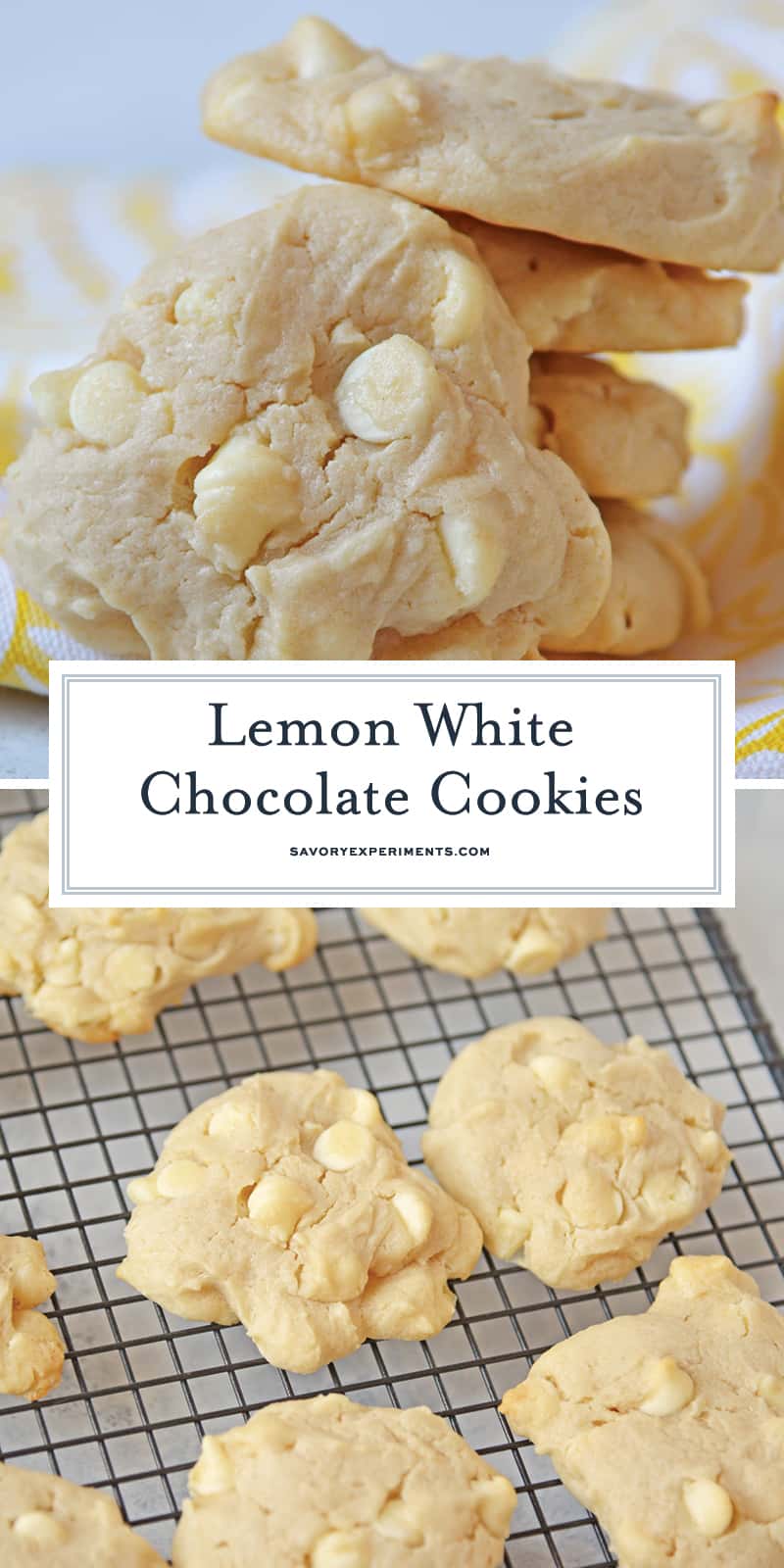 These Lemon White Chocolate Chip Cookies are a cross between a chocolate chip cookie & a lemon sugar cookie! A perfectly fluffy & mouth watering combination! #lemoncookierecipe #lemoncookies #whitechocolatechipcookies www.savoryexperiments.com