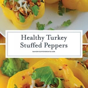 Turkey Stuffed Peppers are filled with spinach, onion, garlic, white beans and cheese. An easy and healthy dinner idea. #stuffedpepperrecipe #groundturkeyrecipes www.savoryexperiments.com