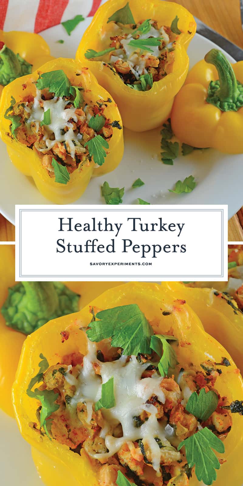 Turkey Stuffed Peppers are filled with spinach, onion, garlic, white beans and cheese. An easy and healthy dinner idea. #stuffedpepperrecipe #groundturkeyrecipes www.savoryexperiments.com 