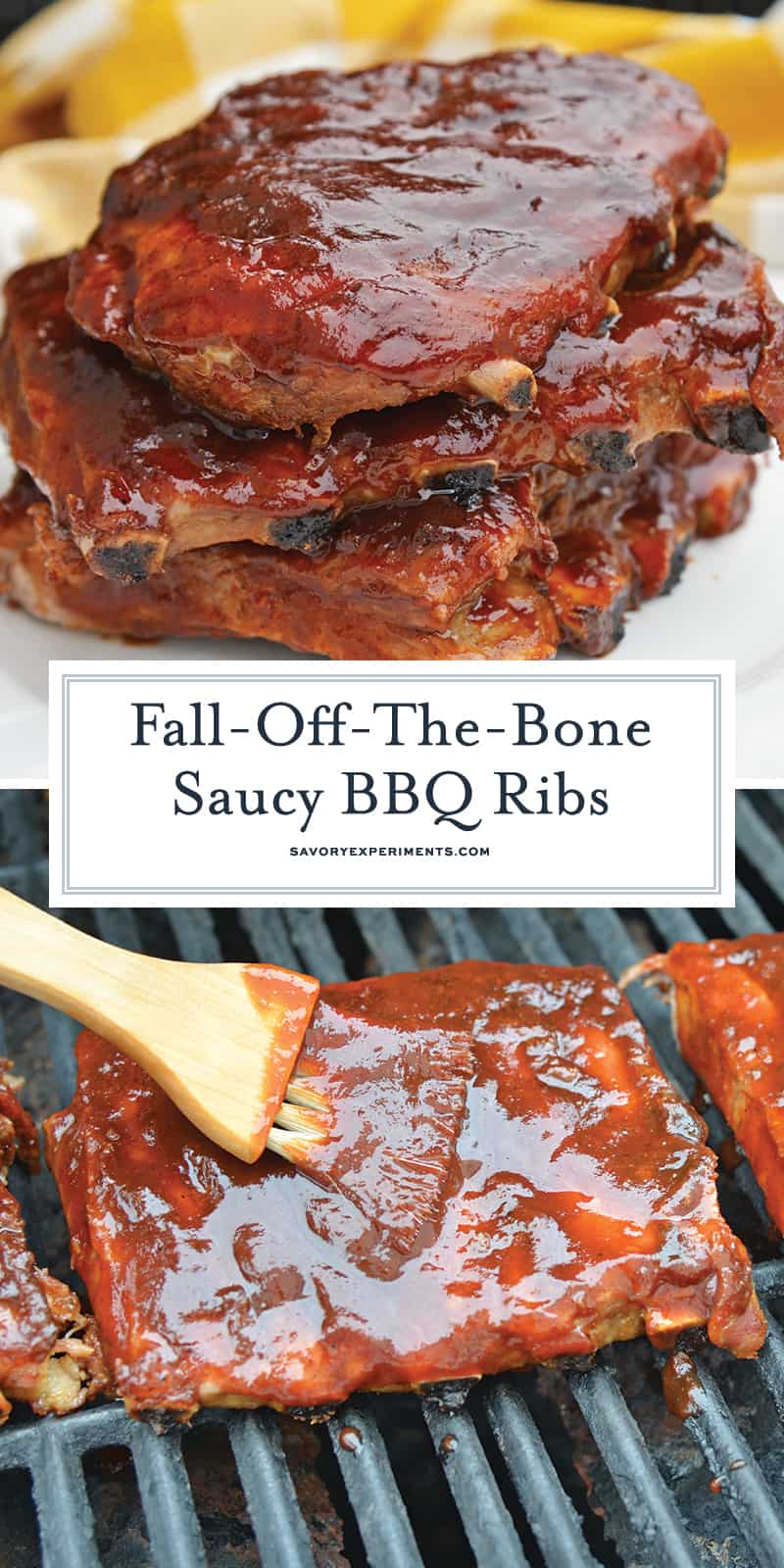 This is the Best BBQ Ribs Recipe you'll ever find! This pork ribs recipe falls right off the bone and is smothered in an award winning BBQ sauce! #howtomakeribsonthegrill #BBQribs www.savoryexperiments.com