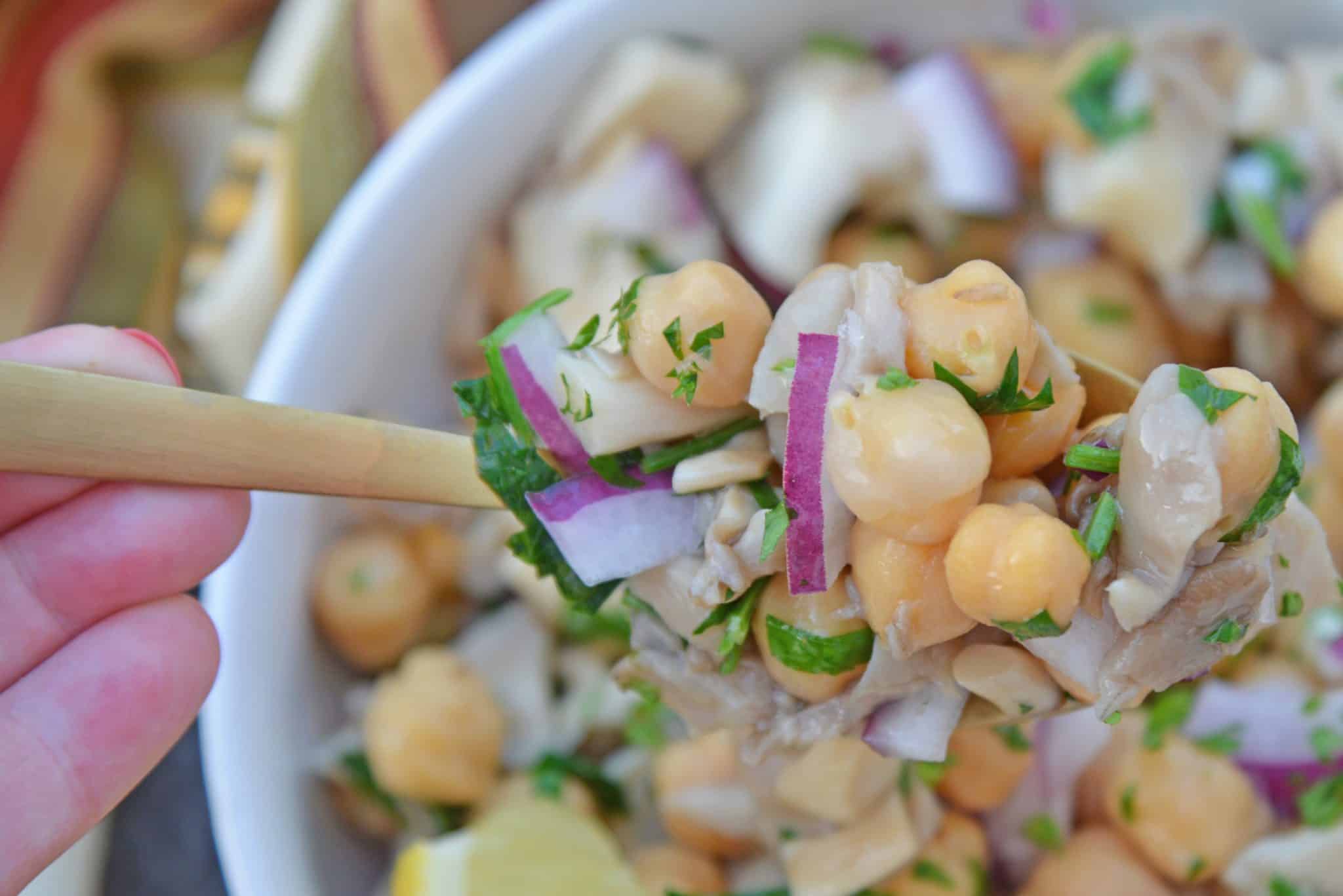 This Chickpea Salad is full of flavor from mushrooms, lemon and truffle oil. The perfect side dish for any meal and ready in only 20 minutes! #chickpeasalad #chickpearecipes www.savoryexperiments.com