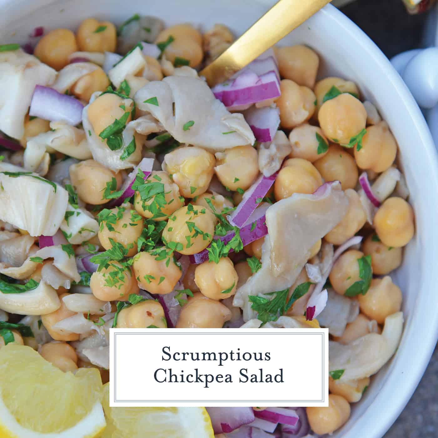 This Chickpea Salad is full of flavor from mushrooms, lemon and truffle oil. The perfect side dish for any meal and ready in only 20 minutes! #chickpeasalad #chickpearecipes www.savoryexperiments.com