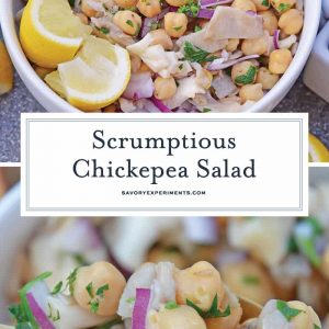 This Chickpea Salad is full of flavor from mushrooms, lemon and truffle oil. The perfect side dish for any meal and ready in only 20 minutes! #chickpeasalad #chickpearecipes www.savoryexperiments.com