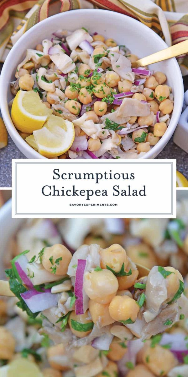 This Chickpea Salad is full of flavor from mushrooms, lemon and truffle oil. The perfect side dish for any meal and ready in only 20 minutes! #chickpeasalad #chickpearecipes www.savoryexperiments.com