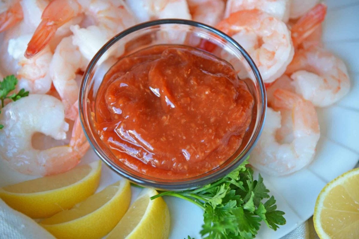 Classic Cocktail Sauce with shrimp and lemon