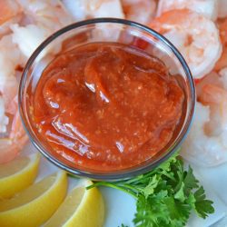 Classic Cocktail Sauce with shrimp and lemon