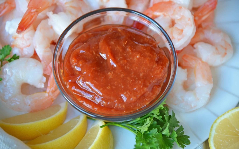 Classic Cocktail Sauce with shrimp and lemon