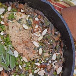 Mushroom Chicken and Rice Skillet is an easy one dish meal with loads of flavor like peas, mushrooms, shallots, sage and garlic.