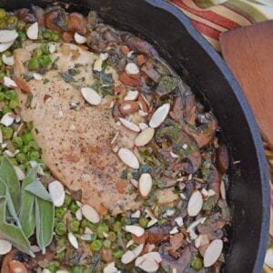 Mushroom Chicken and Rice Skillet is an easy one dish meal with loads of flavor like peas, mushrooms, shallots, sage and garlic.