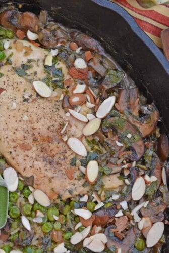 Mushroom Chicken and Rice Skillet is an easy one dish meal with loads of flavor like peas, mushrooms, shallots, sage and garlic.