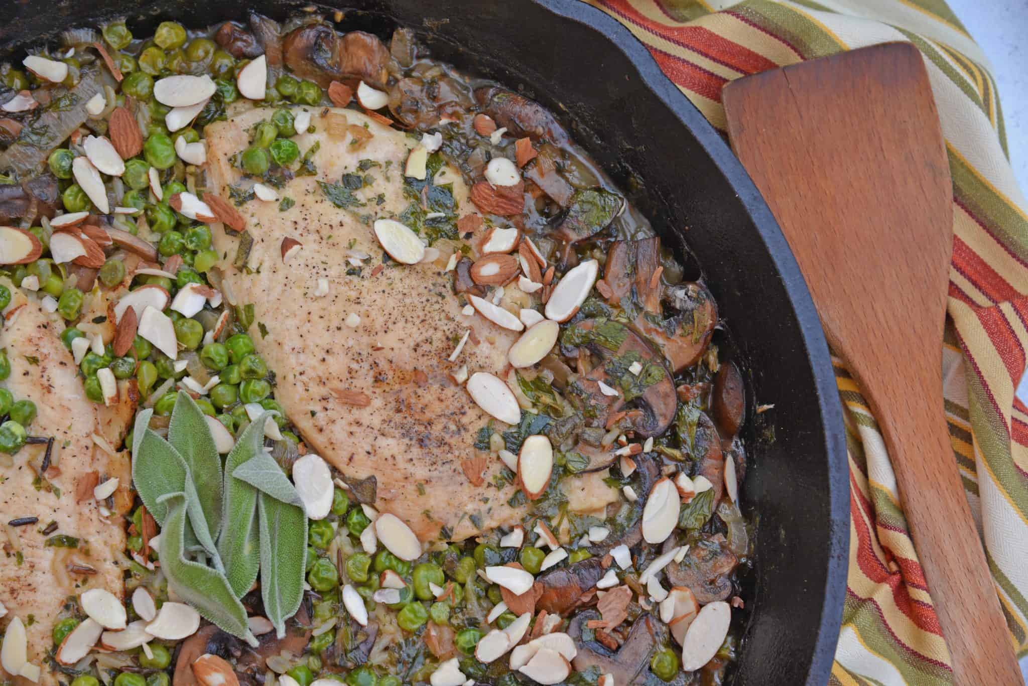 Mushroom Chicken and Rice Skillet is an easy one dish meal with loads of flavor like peas, mushrooms, shallots, sage and garlic.