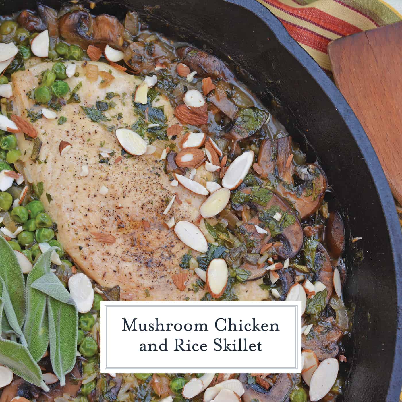 Mushroom Chicken and Rice Skillet is an easy one dish meal with loads of flavor like peas, mushrooms, shallots, sage and garlic. #onedishmeal #skilletmeal www.savoryexperiments.com