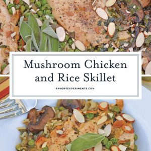 Mushroom Chicken and Rice Skillet is an easy one dish meal with loads of flavor like peas, mushrooms, shallots, sage and garlic. #onedishmeal #skilletmeal www.savoryexperiments.com