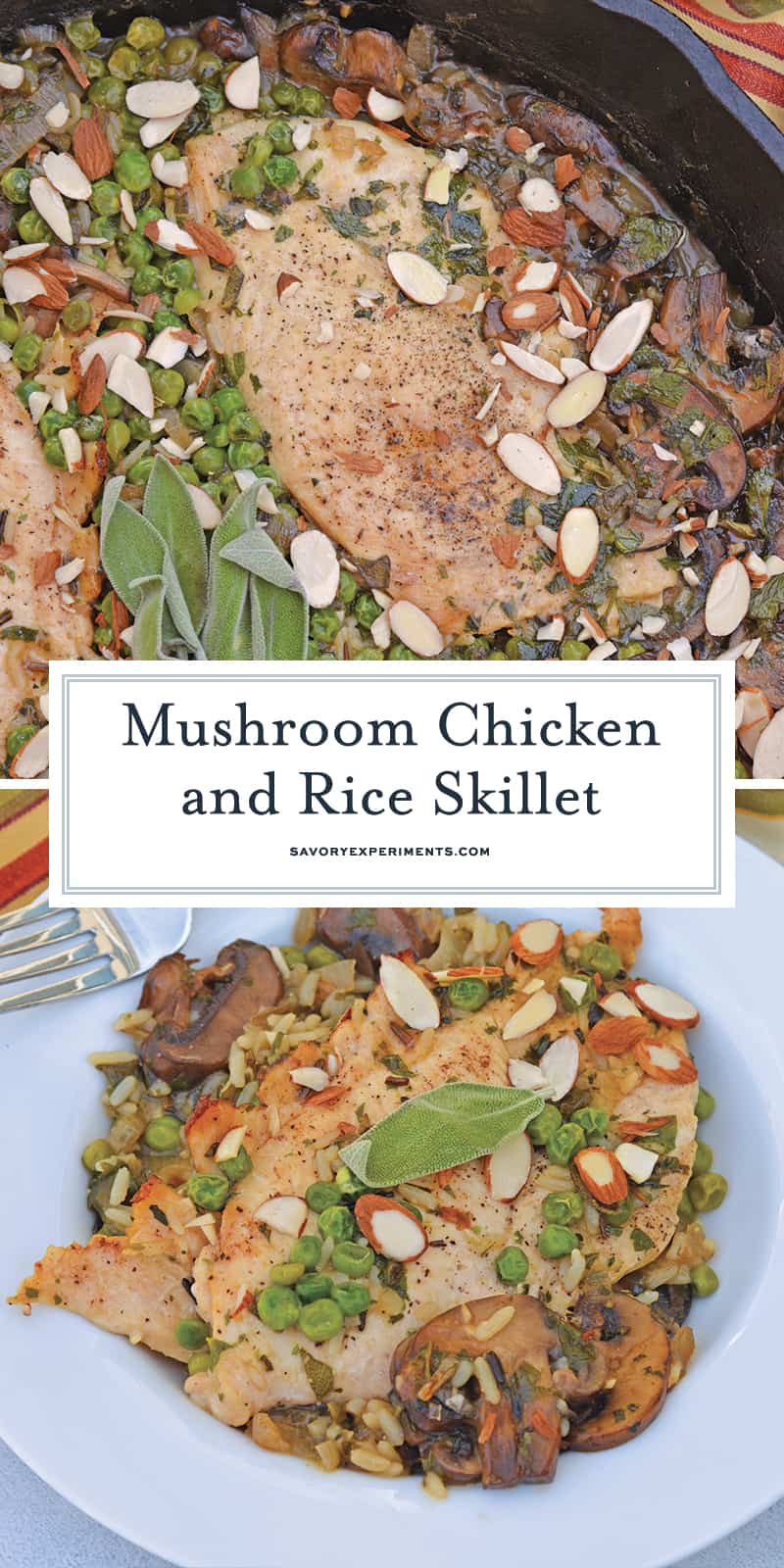 Mushroom Chicken and Rice Skillet is an easy one dish meal with loads of flavor like peas, mushrooms, shallots, sage and garlic. #onedishmeal #skilletmeal www.savoryexperiments.com