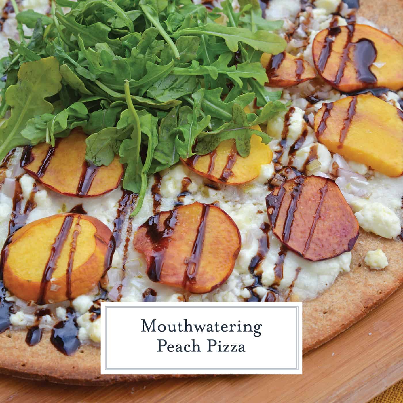 Peach Pizza is a delicious pizza variation that uses fresh peaches, melty mozzarella and gorgonzola cheeses and a sweet balsamic reduction sauce. The best homemade pizza recipe! #homemadepizzarecipe www.savoryexperiments.com