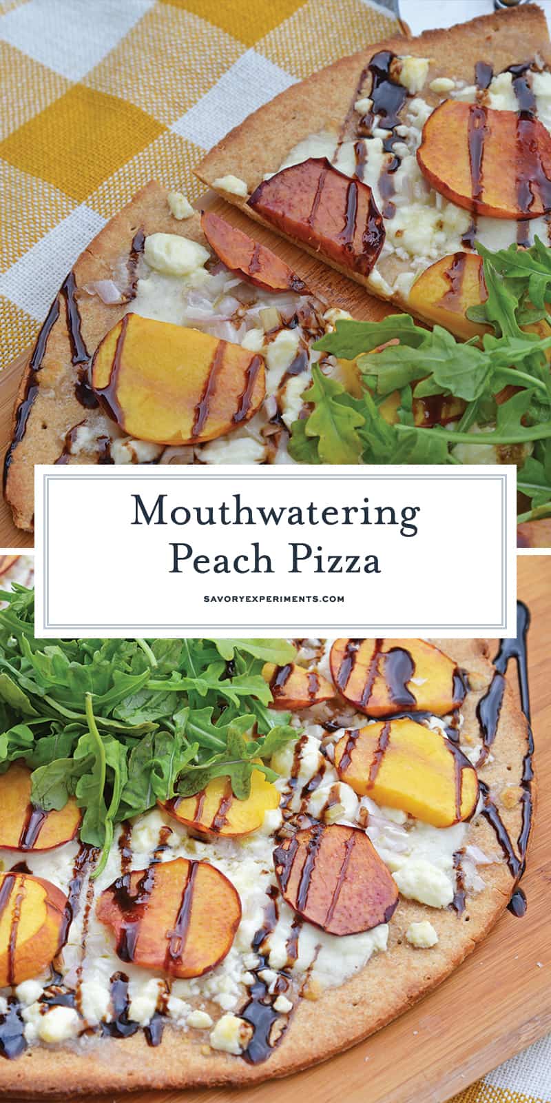 Peach Pizza is a delicious pizza variation that uses fresh peaches, melty mozzarella and gorgonzola cheeses and a sweet balsamic reduction sauce. The best homemade pizza recipe! #homemadepizzarecipe www.savoryexperiments.com