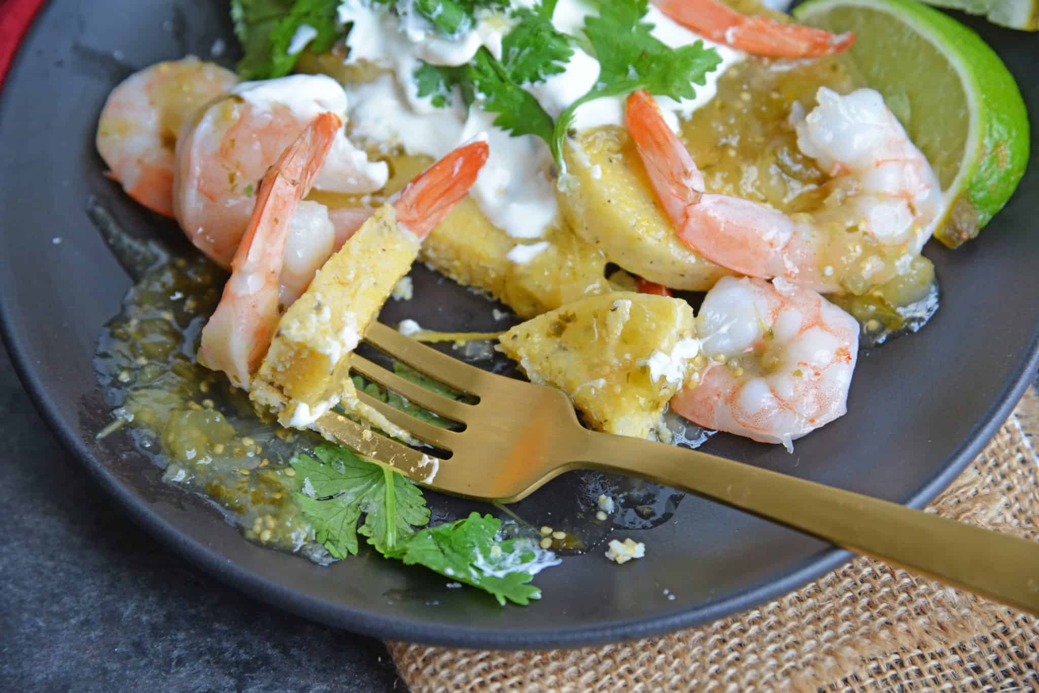 This Salsa Verde Shrimp recipe is a delicious meal or appetizer using fresh lime, tomatillos, jalapenos and spices. Easy to make and delicious to eat. #easyshrimprecipes #shrimpdinnerrecipes www.savoryexperiments.com