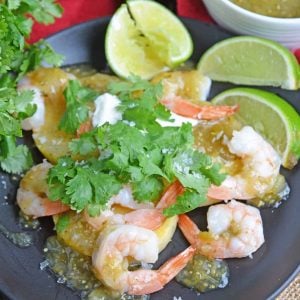 This Salsa Verde Shrimp recipe is a delicious meal or appetizer using fresh lime, tomatillos, jalapenos and spices. Easy to make and delicious to eat. #easyshrimprecipes #shrimpdinnerrecipes www.savoryexperiments.com