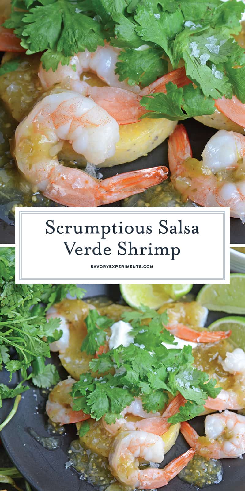 This Salsa Verde Shrimp recipe is a delicious meal or appetizer using fresh lime, tomatillos, jalapenos and spices. Easy to make and delicious to eat. #easyshrimprecipes #shrimpdinnerrecipes www.savoryexperiments.com