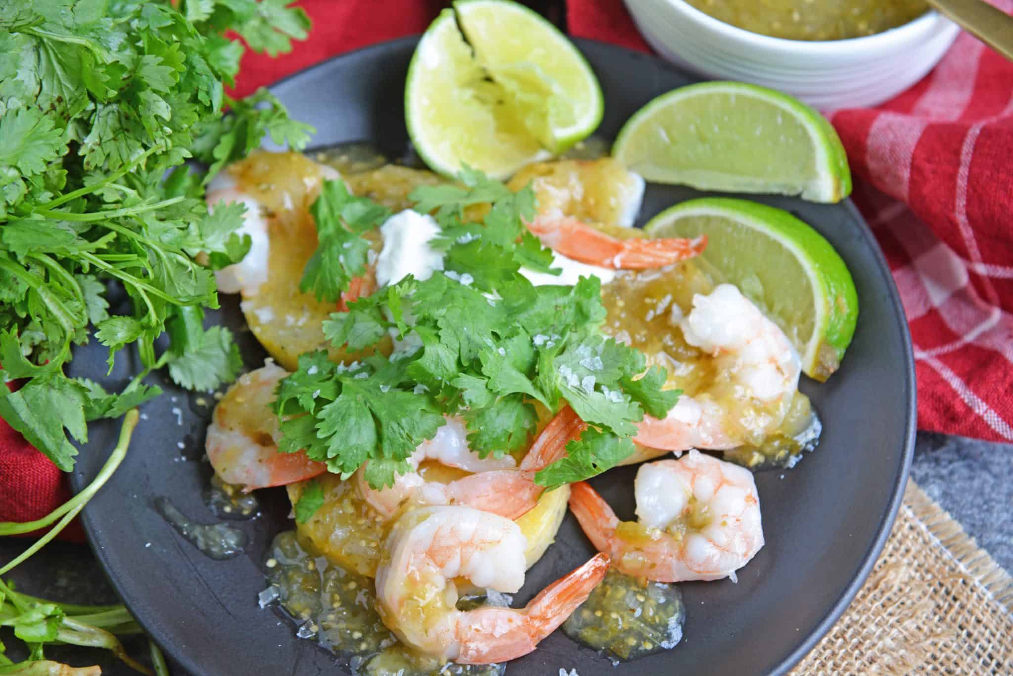 This Salsa Verde Shrimp recipe is a delicious meal or appetizer using fresh lime, tomatillos, jalapenos and spices. Easy to make and delicious to eat. #easyshrimprecipes #shrimpdinnerrecipes www.savoryexperiments.com