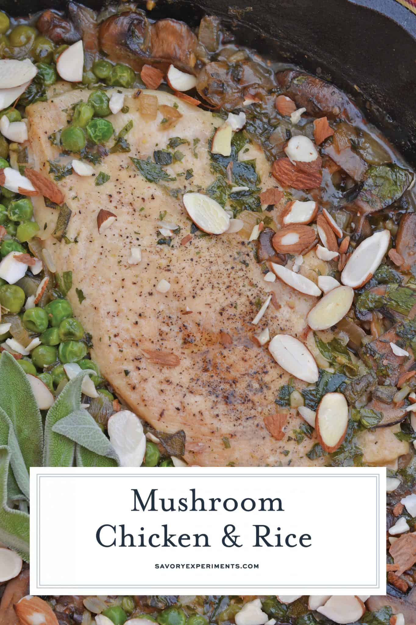Mushroom Chicken and Rice Skillet is an easy one dish meal with loads of flavor like peas, mushrooms, shallots, sage and garlic. #onedishmeal #skilletmeal www.savoryexperiments.com