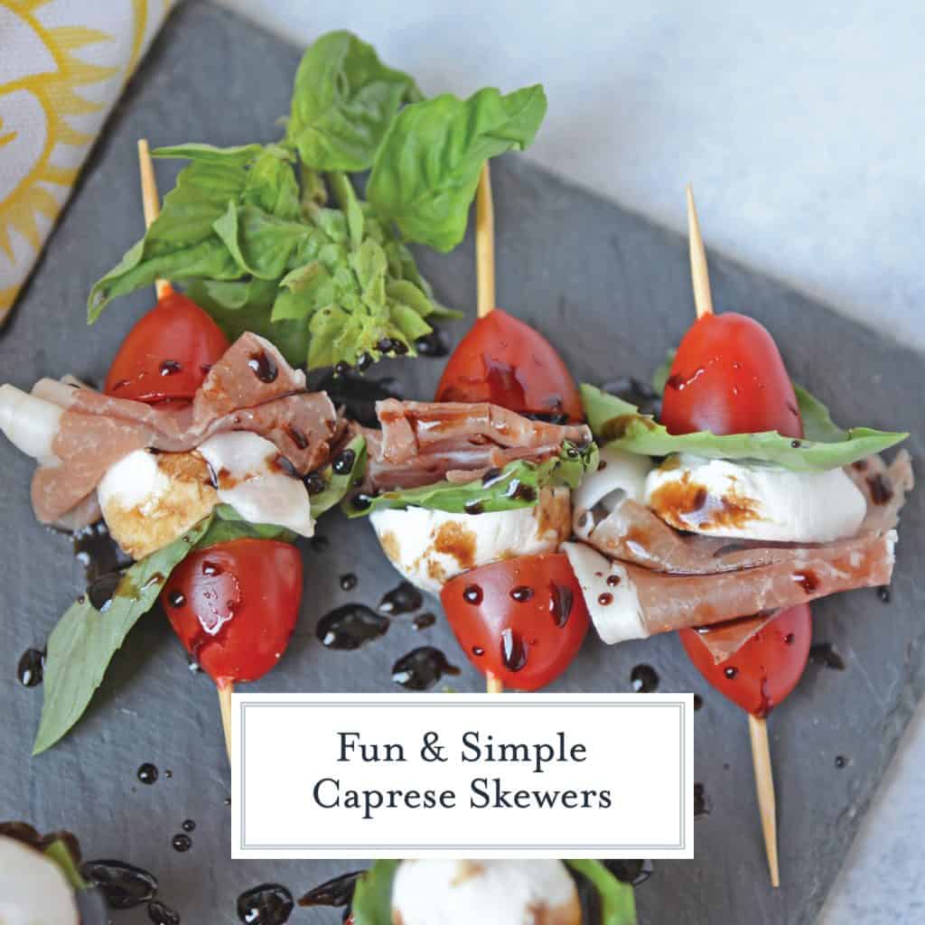 Caprese Skewers are the perfect party appetizer made with fresh mozzarella, basil, tomatoes, garlicky croutons, and zesty pepperoni, all drizzled with a tangy balsamic reduction sauce! #capresesalad #capreseappetizer www.savoryexperiments.com