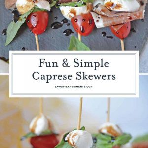 Caprese Skewers are the perfect party appetizer made with fresh mozzarella, basil, tomatoes, garlicky croutons, and zesty pepperoni, all drizzled with a tangy balsamic reduction sauce! #capresesalad #capreseappetizer www.savoryexperiments.com