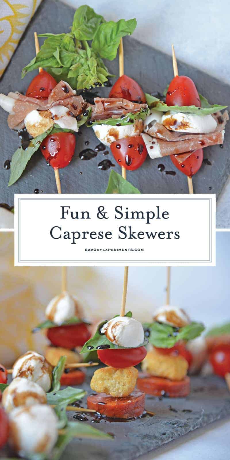 Caprese Skewers are the perfect party appetizer made with fresh mozzarella, basil, tomatoes, garlicky croutons, and zesty pepperoni, all drizzled with a tangy balsamic reduction sauce! #capresesalad #capreseappetizer www.savoryexperiments.com