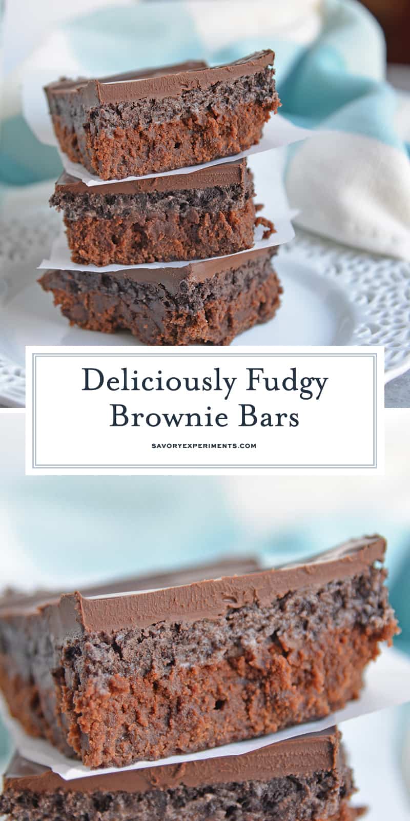 Fudgy Brownie Bars are an easy dessert recipe with layers of brownie, cookie and chocolate ganache, the ultimate chocolate lovers dream! #fudgybrownies #cookiebrownies www.savoryexperiments.com
