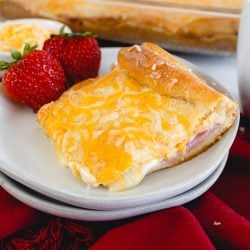 slice of breakfast casserole on white plates