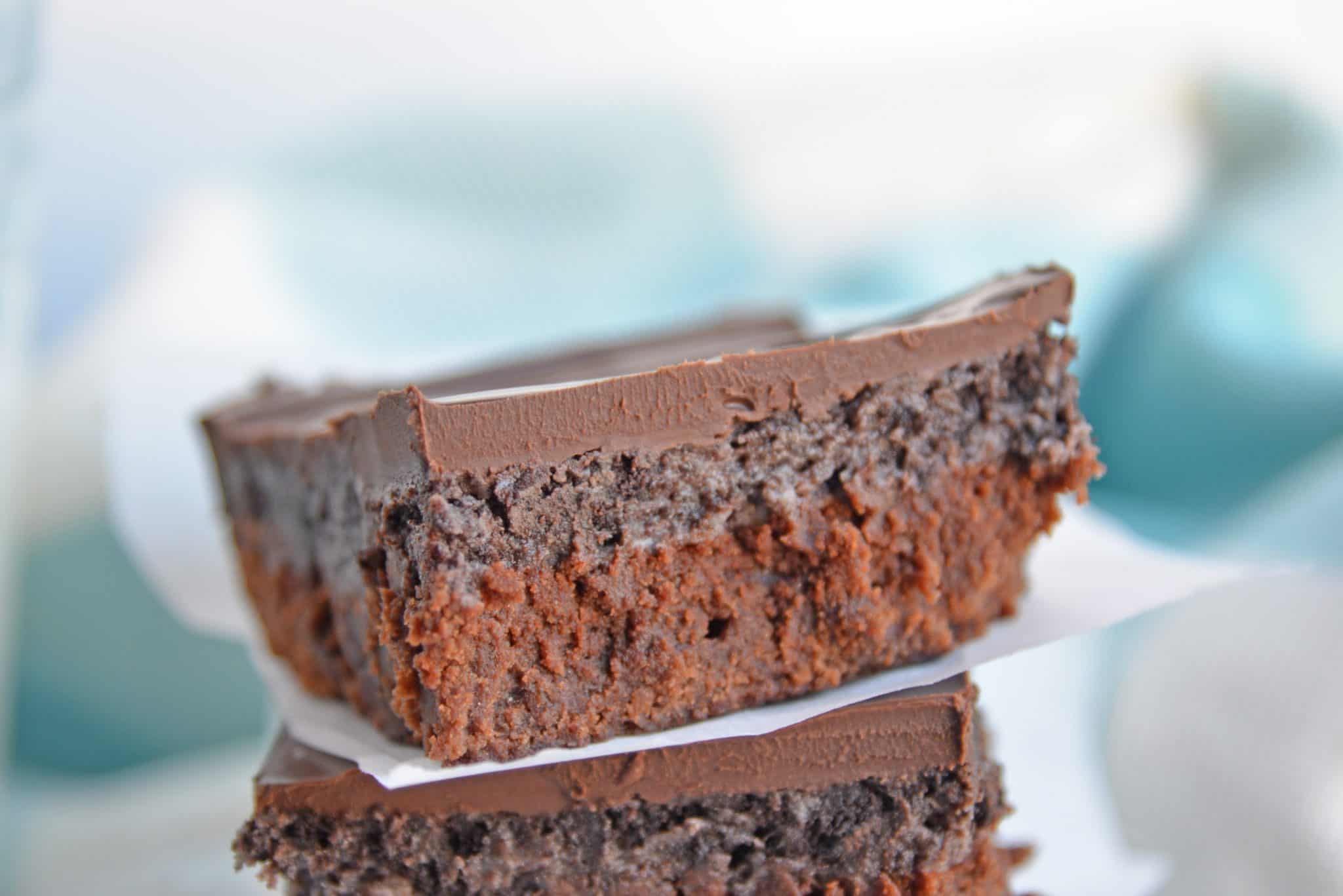 Fudgy Brownie Bars are an easy dessert recipe with layers of brownie, cookie and chocolate ganache, the ultimate chocolate lovers dream! #fudgybrownies #cookiebrownies www.savoryexperiments.com