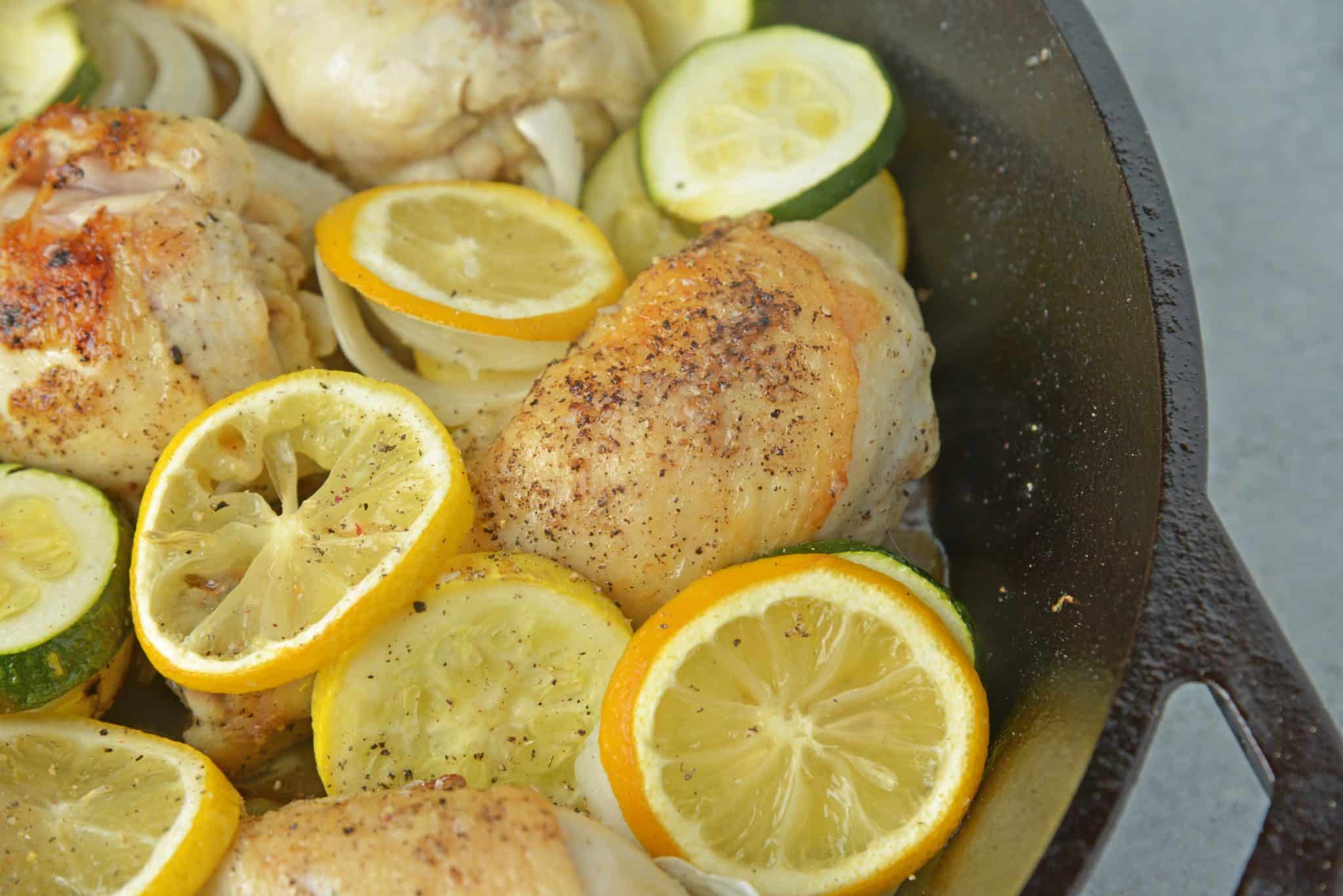 Lemon Chicken with Zucchini is a meal with classic, all-American flavors. Cast iron recipes are great since everything gets cooked in the same pan! #lemonchickenrecipe #castironrecipes www.savoryexperiments.com