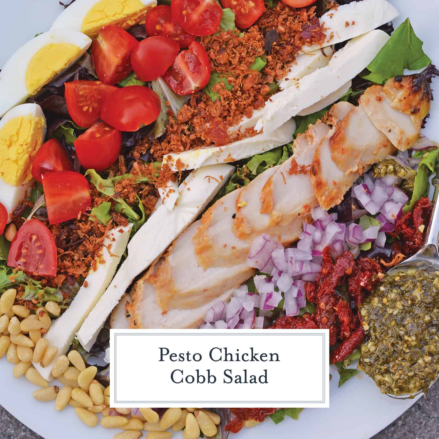 Pesto Chicken Cobb Salad is a delicious salad recipe using traditional Cobb ingredients with chicken and a pesto dressing. The perfect starter or entree! #Cobbsaladrecipe #pestochickensalad www.savoryexperiments.com