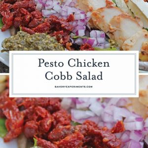 Pesto Chicken Cobb Salad is a delicious salad recipe using traditional Cobb ingredients with chicken and a pesto dressing. The perfect starter or entree! #Cobbsaladrecipe #pestochickensalad www.savoryexperiments.com