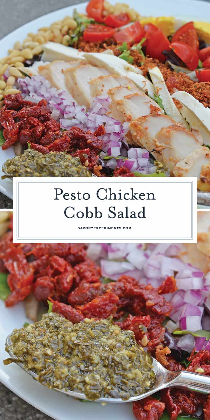 Pesto Chicken Cobb Salad is a delicious salad recipe using traditional Cobb ingredients with chicken and a pesto dressing. The perfect starter or entree! #Cobbsaladrecipe #pestochickensalad www.savoryexperiments.com