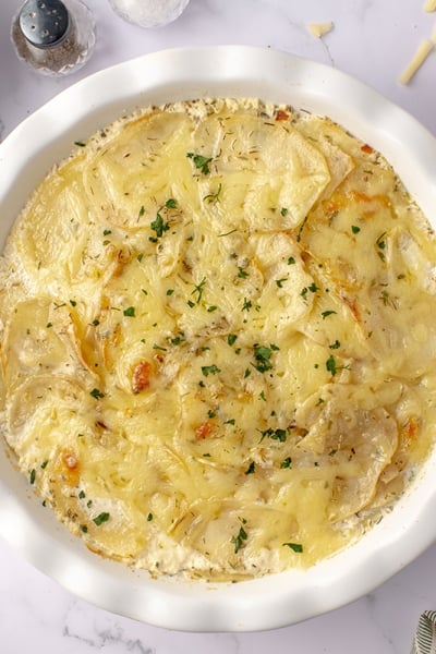 overhead of herbed potato galette in a round serving dish