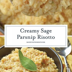 Sage Parsnip Risotto is a vegetarian side dish bursting with flavor. A creamy risotto recipe that uses mascarpone and parmesan cheese. #vegetablerisotto #creamyrisotto www.savoryexperiments.com