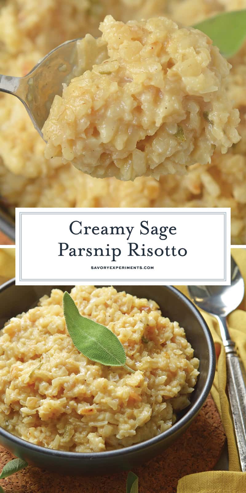 Sage Parsnip Risotto is a vegetarian side dish bursting with flavor. A creamy risotto recipe that uses mascarpone and parmesan cheese. #vegetablerisotto #creamyrisotto www.savoryexperiments.com